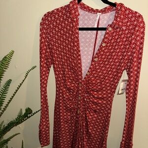 Free people button up Red Patterned Women's Dress XS NWT
